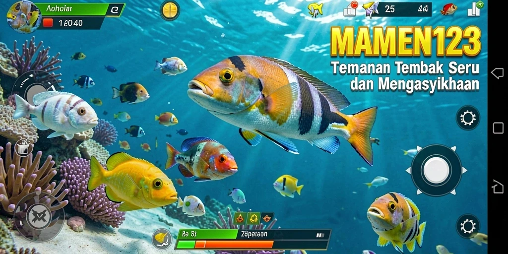 Screenshot gameplay MAMEN123 menampilkan aksi menembak ikan yang seru.