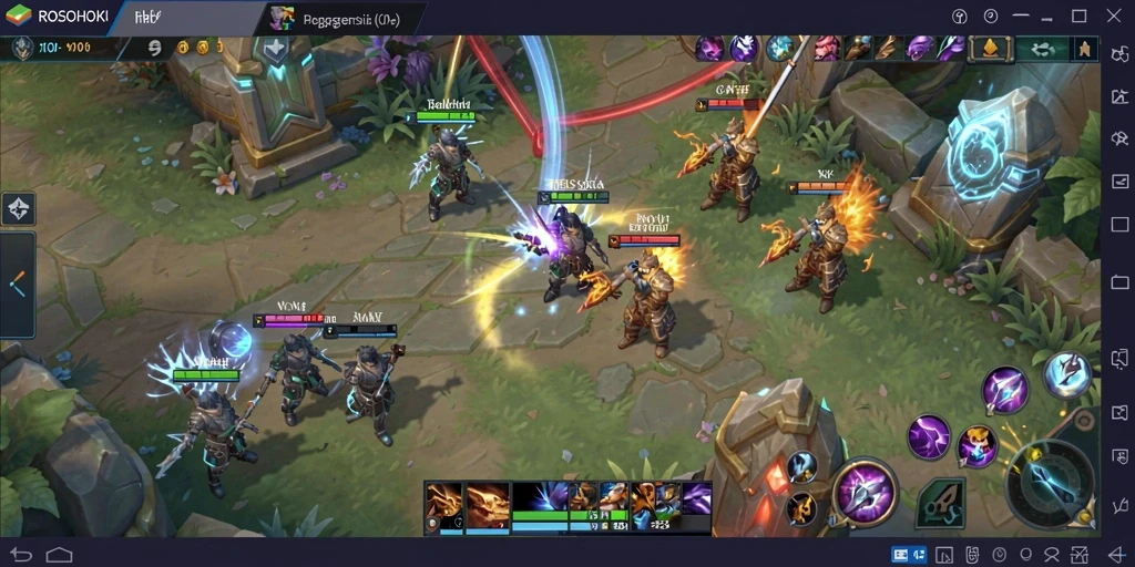Screenshot ROSOHOKI menampilkan pertempuran epik antar hero MOBA.