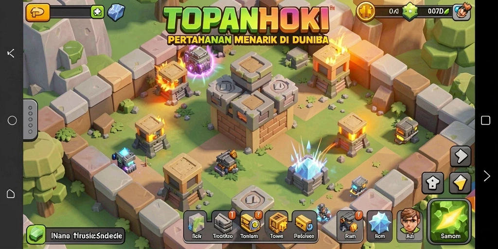 Screenshot gameplay <strong>TOPANHOKI</strong> dengan menara yang berjuang melawan gelombang musuh.